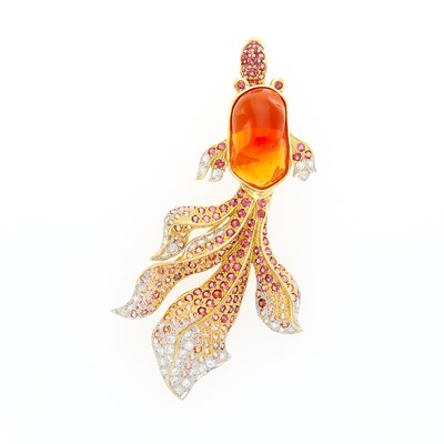 Lot 1239 - Two-Color Gold, Fire Opal, Multicolored Sapphire and Diamond Fish Pendant-Brooch