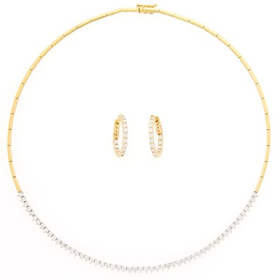 Lot 2137 - Two-Color Gold and Diamond Necklace and Pair of Hoop Earrings