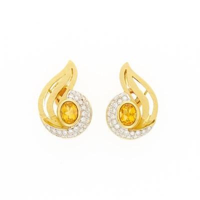 Lot 1090 - Pair of Two-Color Gold, Citrine and Diamond Earclips