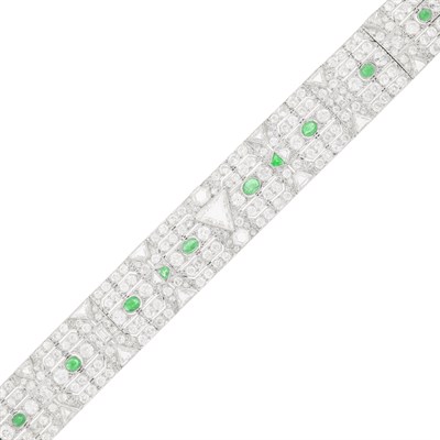 Lot 155 - Platinum, Diamond and Cabochon Emerald Bracelet