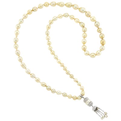 Lot 1193 - Long Baroque Golden Cultured Pearl Necklace with White Gold, Golden Cultured Pearl and Colored Diamond Tassel Enhancer