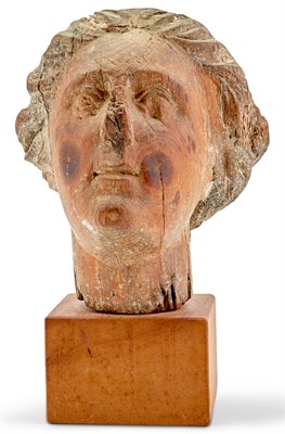 Lot 350 - Carved Wood Head of a Woman Mounted on a wood...