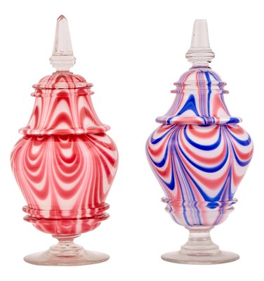 Lot 258 - Two Free Blown Glass Marbrie Decorated Footed Urn Form Sugar Bowls and Covers