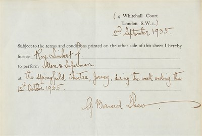 Lot 193 - SHAW, GEORGE BERNARD A license to perform Man...