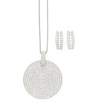 Lot 2194 - White Gold and Diamond Disc Pendant with Chain Necklace and Pair of White Gold and Diamond Hoop Huggie Earrings