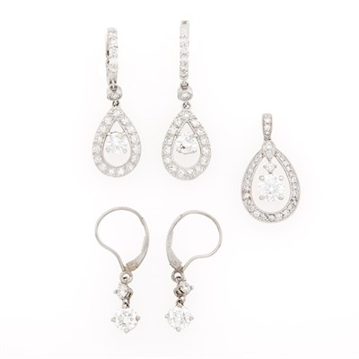Lot 1265 - Two Pairs of White Gold and Diamond Pendant-Earrings and Pendant