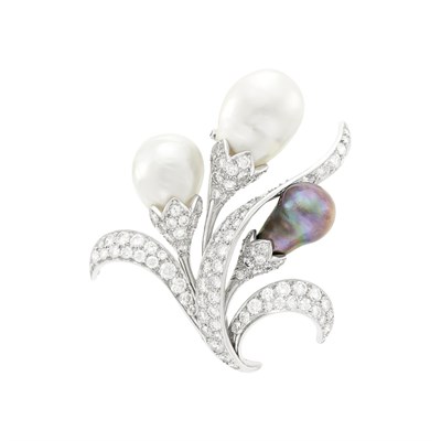 Lot 108 - David Webb Platinum, Baroque South Sea and Tahitian Black Cultured Pearl and Diamond Clip-Brooch