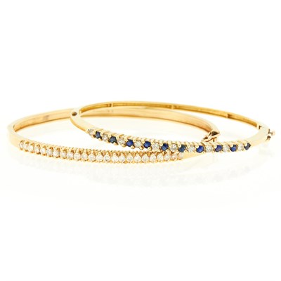 Lot 2314 - Pair of Gold, Diamond and Sapphire Bangle Bracelets