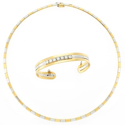 Lot 2305 - Two-Color Gold Necklace and Diamond Cuff Bangle Bracelet