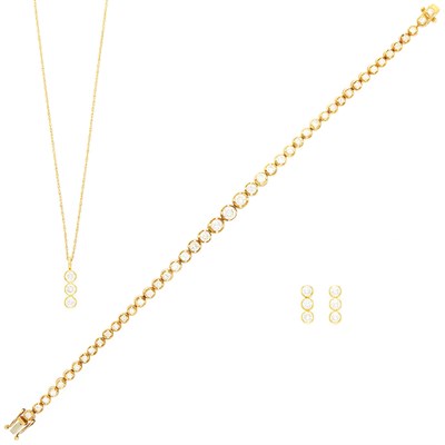 Lot 2324 - Gold and Diamond Pendant with Chain Necklace, Diamond Bracelet and Pair of Earrings