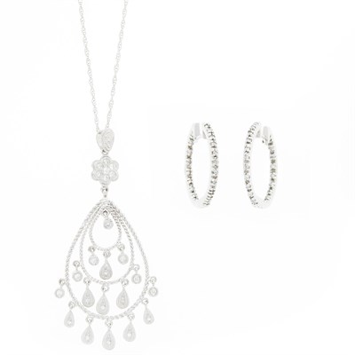 Lot 85 - White Gold and Diamond Pendant with Chain Necklace and Pair of Hoop Earrings