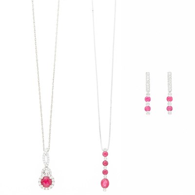 Lot 97 - Two White Gold, Ruby and Diamond Pendants with Chain Necklaces and Pair of Pendant-Earrings
