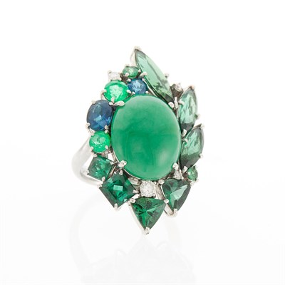 Lot 2220 - Platinum, Jade, Gem-Set and Diamond Ring