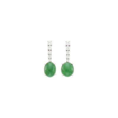 Lot 146 - Pair of White Gold, Jade and Diamond Pendant-Earrings