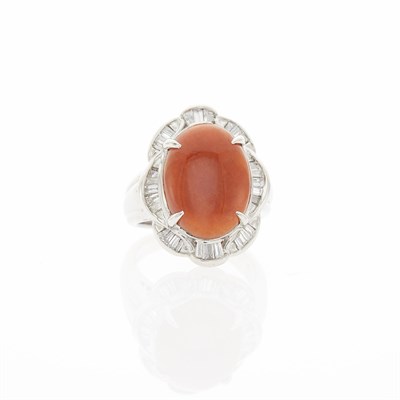 Lot 2196 - Platinum, Red Jade and Diamond Ring