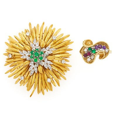 Lot 1019 - Two-Color Gold, Diamond and Emerald 'En Tremblant' Brooch and Gem-Set Ring