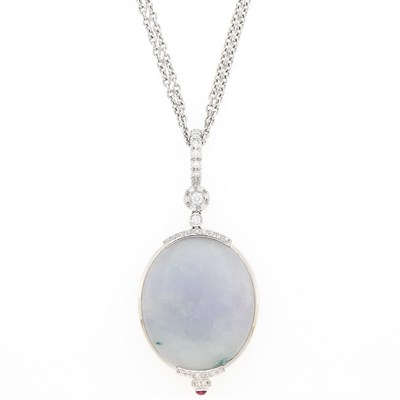 Lot 2173 - White Gold, Lavender Jade and Diamond Pendant with Double Strand Chain Necklace