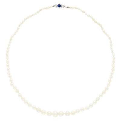 Lot 2113 - Natural Pearl Necklace with White Gold, Sapphire and Diamond Clasp