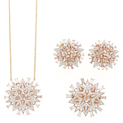 Lot 2250 - Salavetti Two-Color Gold, Colored Diamond and Diamond Ring, Pendant-Necklace with Long Chain Necklace and Pair of Earrings