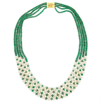 Lot 2236 - Four Strand Emerald Bead and Cultured Pearl Necklace with Silver-Gilt Clasp
