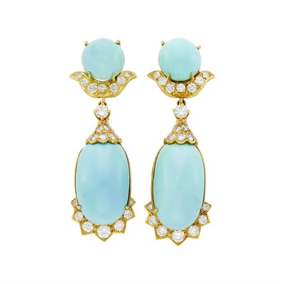 Lot 105 - Pair of Gold, Turquoise and Diamond Pendant-Earrings