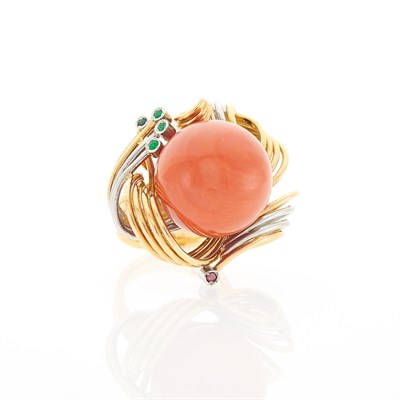 Lot 2137 - Two-Color Gold, Coral, Emerald and Ruby Ring