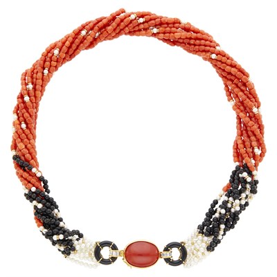 Lot 107 - Ten Strand Coral and Black Onyx Bead, Cultured Pearl, Gold and Diamond Torsade Necklace