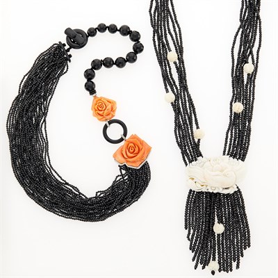 Lot 2158 - Rosita Gioielli d'Amare Two Multistrand Black Spinel and Black Onyx Bead, Yellow and White Gold, Carved Coral and Diamond Necklaces