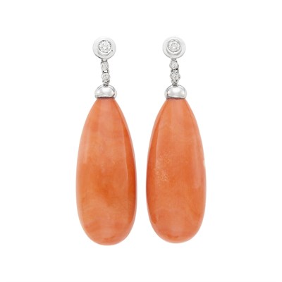 Lot 151 - Pair of White Gold, Coral and Diamond Pendant-Earrings