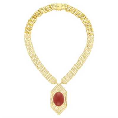 Lot 101 - Five Strand Gold, Coral and Diamond Pendant-Necklace