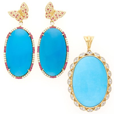 Lot 2200 - Gold, Reconstituted Turquoise, Ruby and Diamond Pendant and Pair of Butterfly Pendant-Earrings