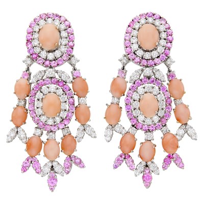 Lot 113 - Pair of White Gold, Angel Skin Coral, Diamond and Pink Sapphire Pendant-Earclips
