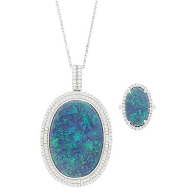 Lot 72 - White Gold, Black Opal and Diamond Pendant with Chain and Ring