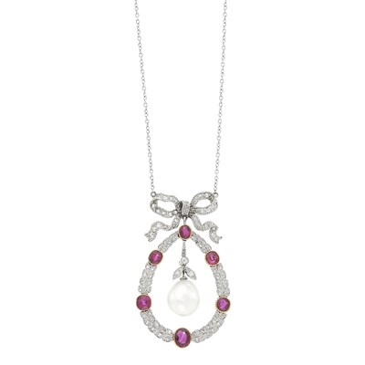 Lot 134 - Platinum, Gold, Natural Pearl, Ruby and Diamond Bow Wreath Pendant-Necklace