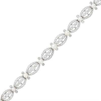 Lot 83 - Platinum, Natural and Cultured Button Pearl and Diamond Link Bracelet