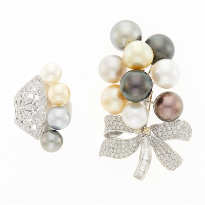 Lot 2180 - White Gold, Multicolored Cultured Pearl and Diamond Brooch and Ring
