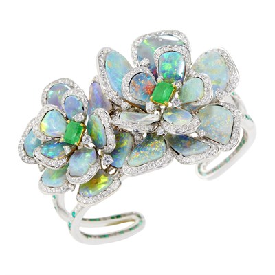 Lot 71 - White Gold, Opal, Emerald and Diamond Clip-Brooch/Bangle Bracelet Combination