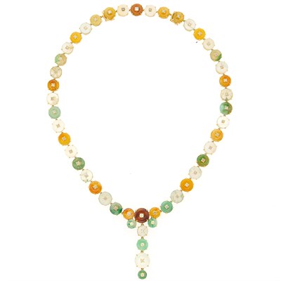 Lot 2140 - Gold, Multicolored Jade, Diamond and Colored Diamond Pendant-Necklace