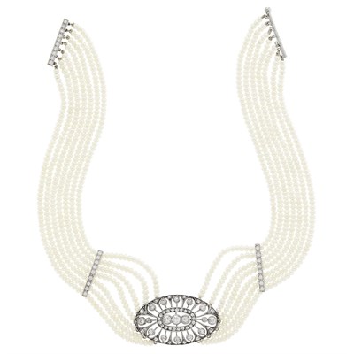 Lot 74 - Seven Strand Platinum, Freshwater Pearl and Diamond Choker Necklace