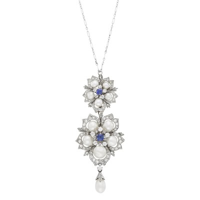 Lot 132 - Platinum, Silver, Gold, Natural Pearl, Diamond and Sapphire Flower Pendant-Brooch with White Gold Chain Necklace