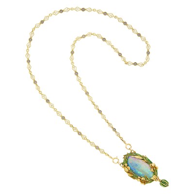 Lot 75 - Attributed to Marcus & Co. Art Nouveau Gold, Opal, Green and Brown Enamel Iris Pendant with Gold and Gray Enamel Chain Necklace