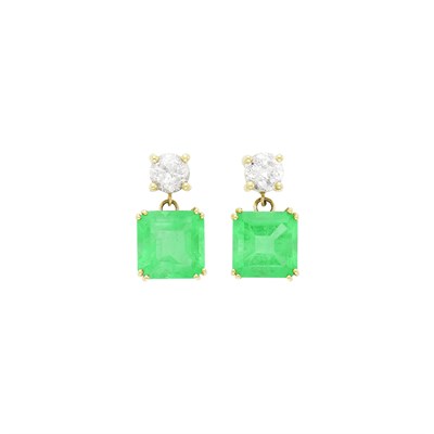 Lot 1095 - Pair of Gold, Diamond and Emerald Pendant-Earrings