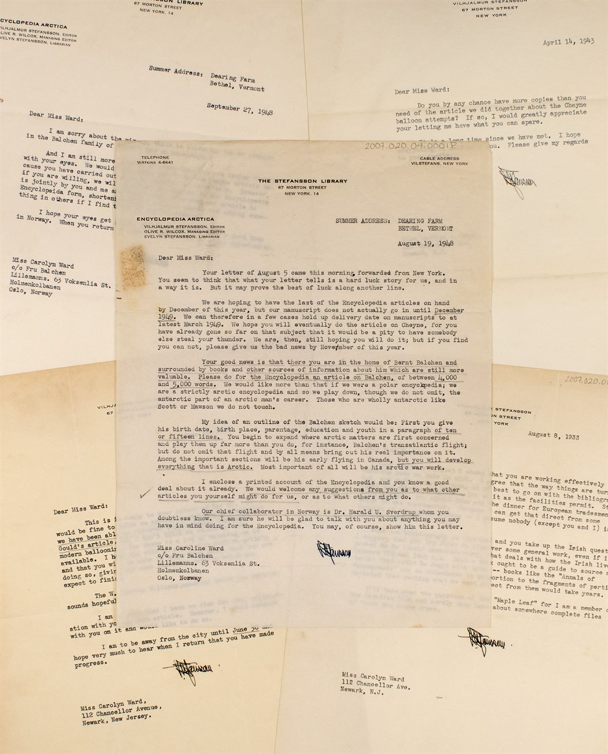 Lot 48 - [ARCTIC]
STEFANSSON, VILHJALMUR. Five typed letters signed to Carolyn Ward, 1933-48.