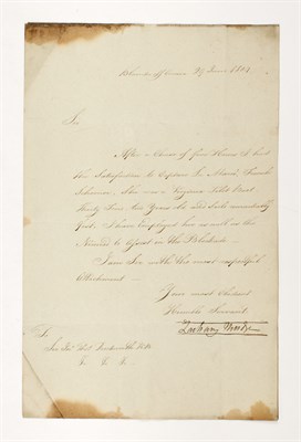 Lot 53 - [CURCAO]
MUDGE, ZACHARY. Two signed letters regarding the capture of French ships off Curacao, 1804.