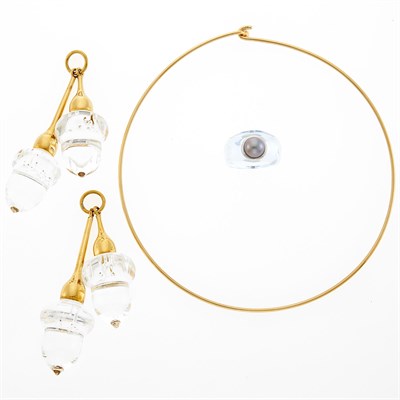 Lot 2008 - Attributed to Steuben Gold and Glass Acorn Pendant-Necklace and Pendant and Baccarat Blue Glass and Gray Cultured Pearl Ring