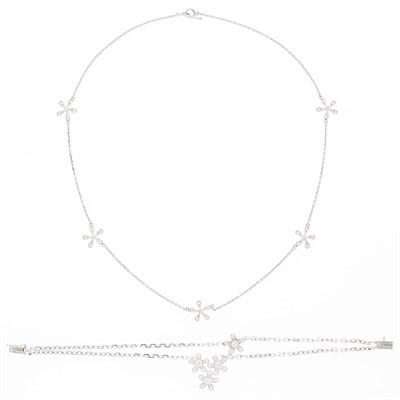 Lot 2290 - Platinum and Diamond Flower Chain Necklace and White Gold Double Strand Bracelet