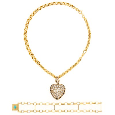 Lot 2104 - Gold, Black Enamel and Diamond Heart Locket Pendant-Necklace and Double Strand Gold and Opal Bracelet