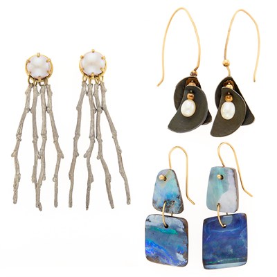 Lot 2284 - Three Pairs of Gold, Silver, Copper, Boulder Opal and Freshwater Pearl Pendant-Earrings