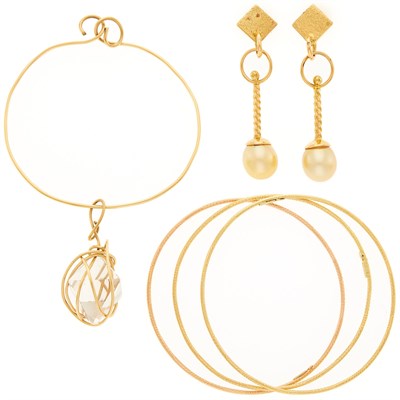 Lot 2285 - Three Yellow and Rose Gold Bracelets, Gold Wire Charm Bracelet and Pair of Gold and Golden Cultured Pearl Pendant-Earrings