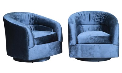 Lot 168 - Pair of Blue Upholstered Swivel Tub Chairs...